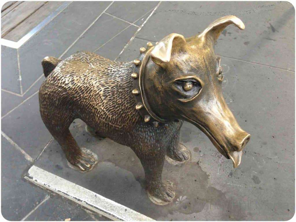 Larry Latrobe. A sculpture in central Melbourne. He has a shiny head because people pat him