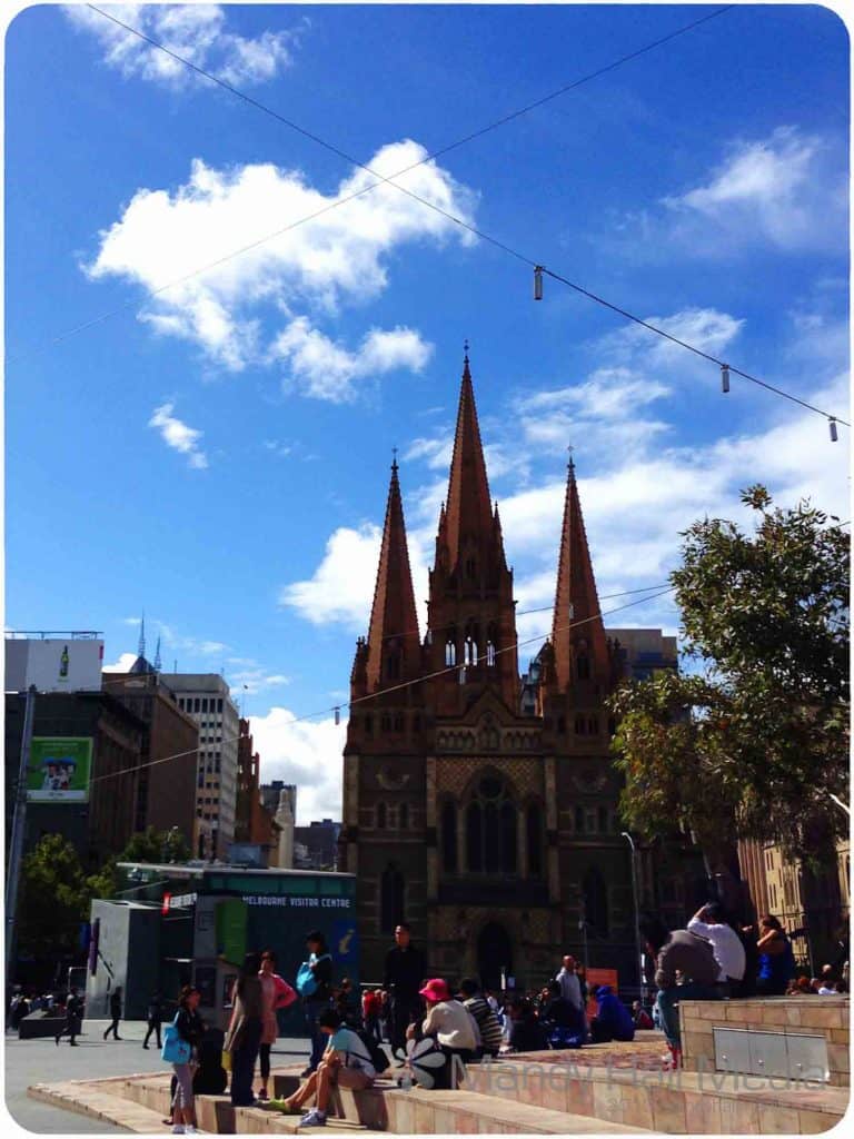 Looking across Federation Square to the Cathedral, Melbourne