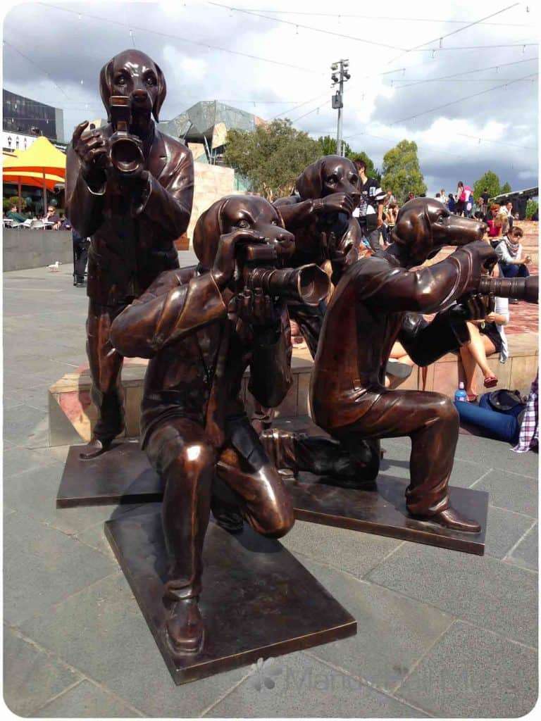 Sculpture of paparazzi dogs at Federation Square, Melbourne