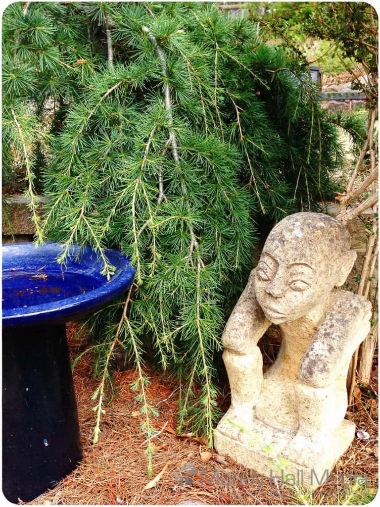 Little man in the garden with birdbath