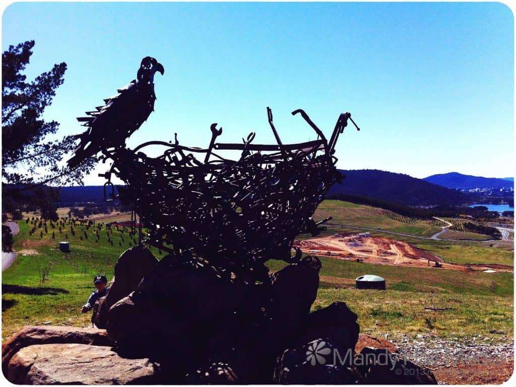 Eagle sculpture in Canberra. Nice view over the vally. You can see the scale of it fromt he size of the kid in the bottom left