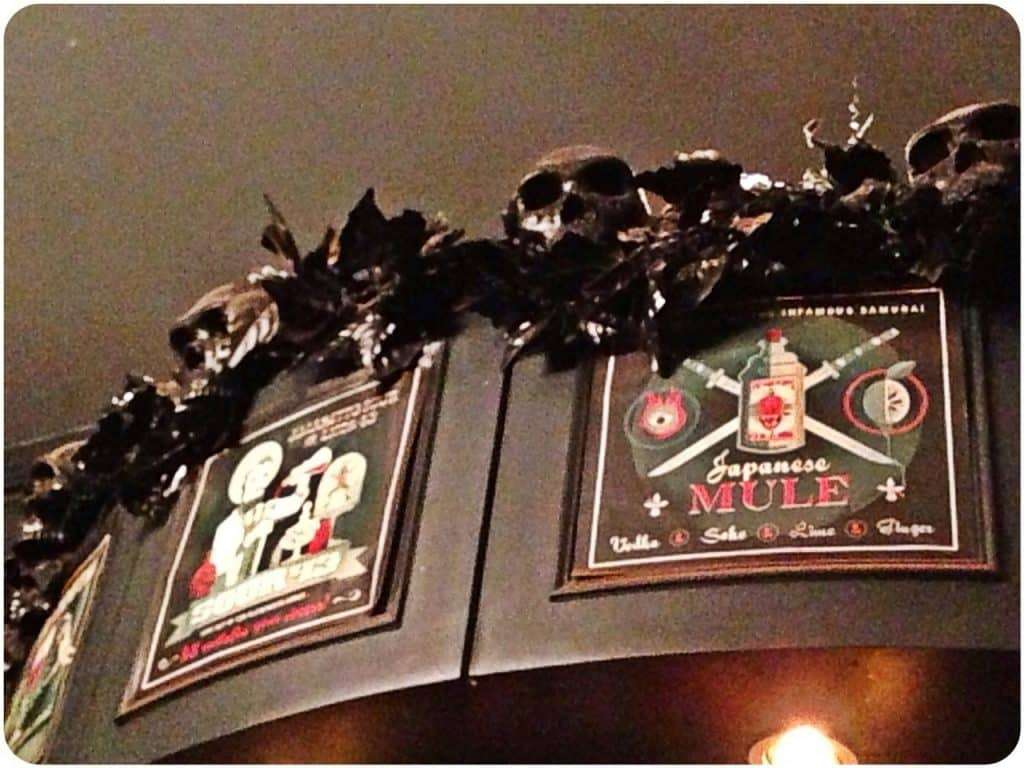 Skulls on the top of a bar in Kings Cross