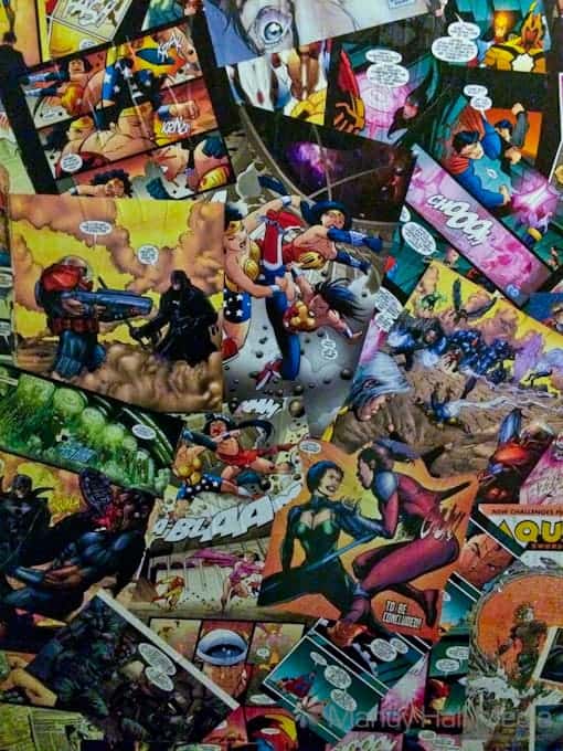 Comic book collage on the back of a door in a pub