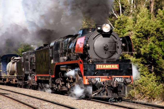K190 steam train passing through Macedon