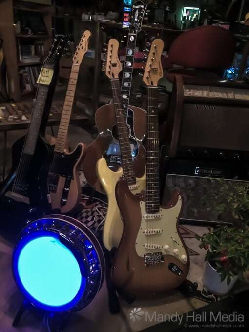 Light up banjo in a guitar shop window