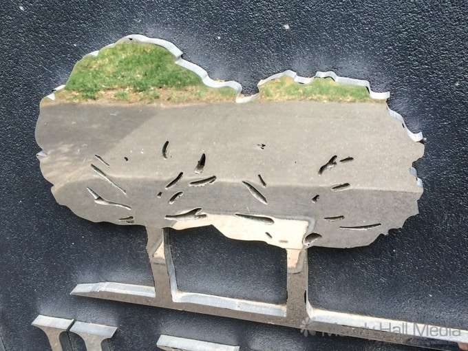 Grass reflected in tree sign
