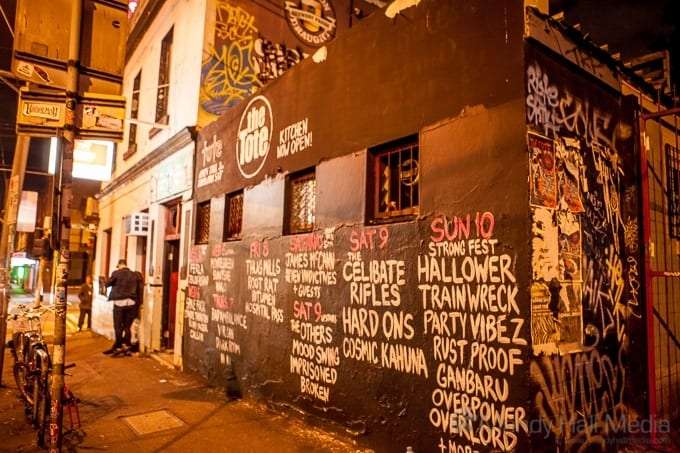 Outside the Tote Hotel in Collingwood at midnight