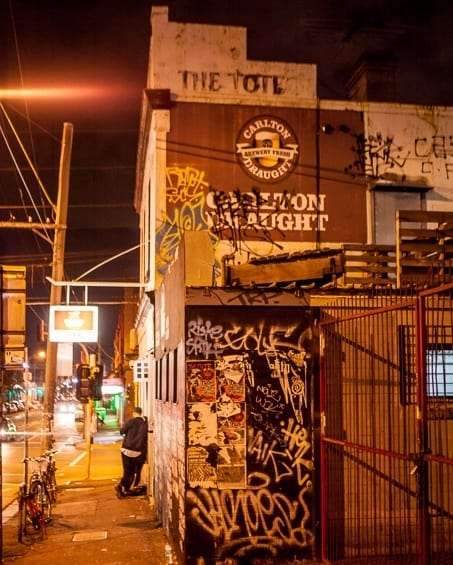 Outside the Tote Hotel in Collingwood at midnight