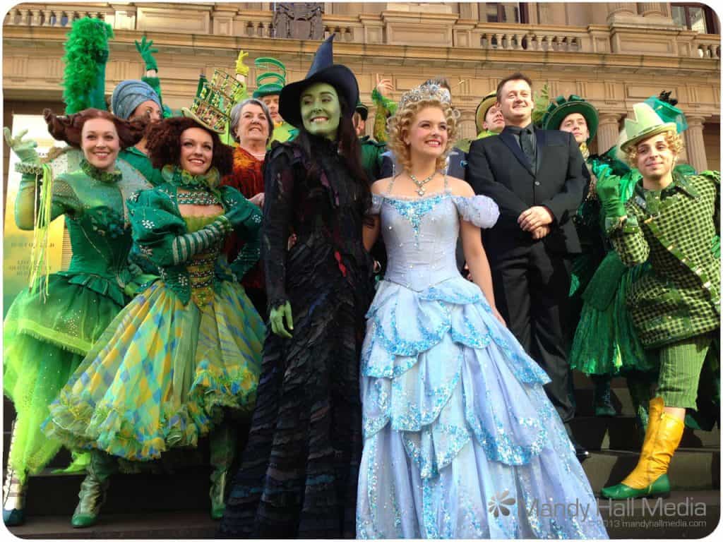 Wicked photocall on the step of the Treasury building in Melbourne. They arrived by tram. It was fun.