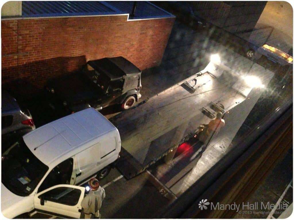 Van being towed