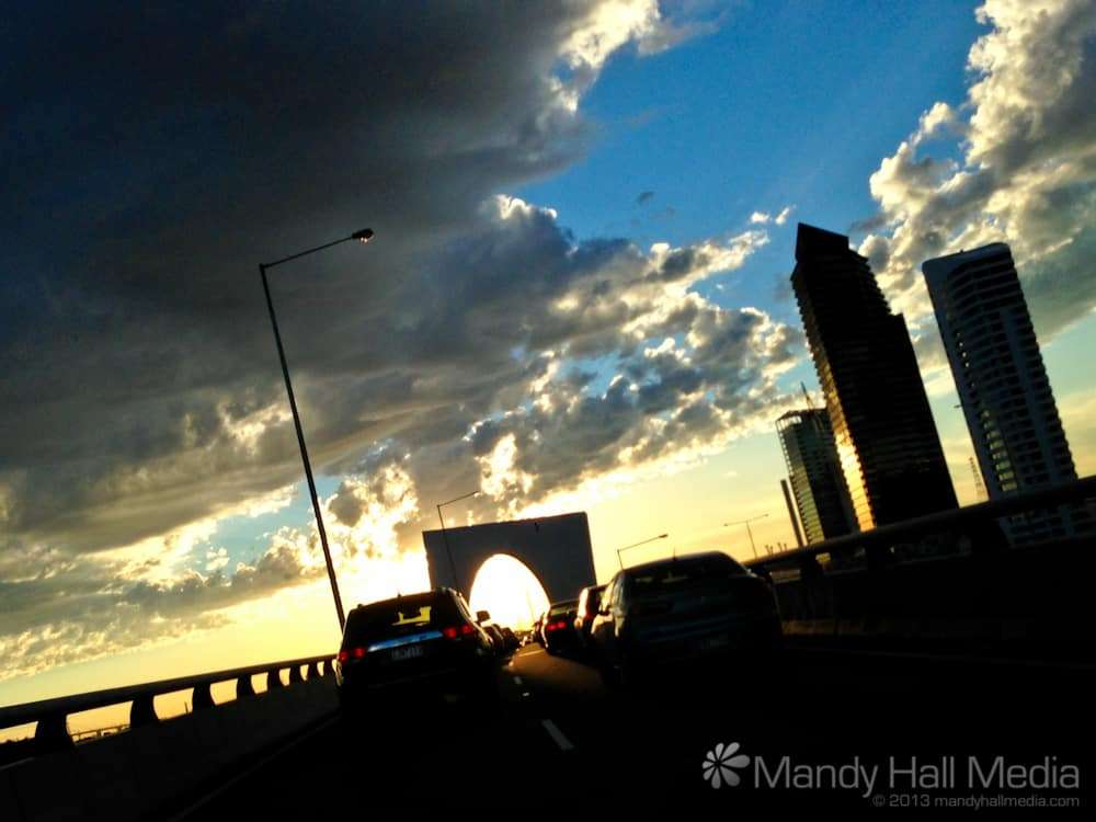 Driving through Melbourne at sunset