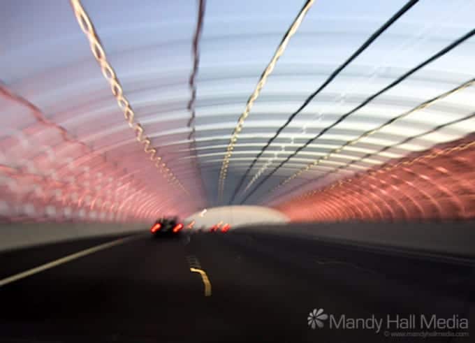 Driving through citylink in Melbourne at sunset