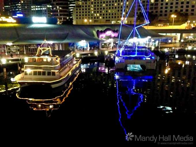 Lit up boats in Darling Harbour