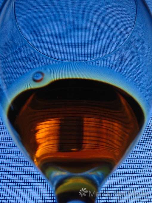 My drink in front of a fly-wire window