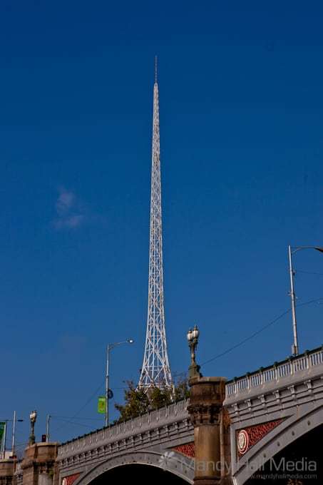 The Arts Centre spire seen from a boat on the Yarra River