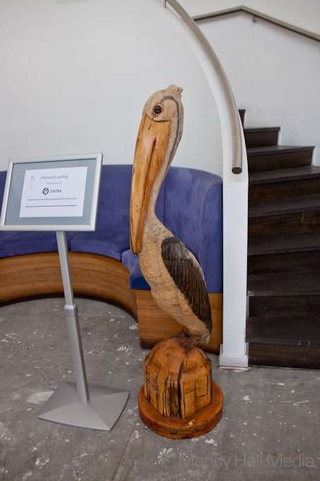 Pelican sculpture outside a restaurant