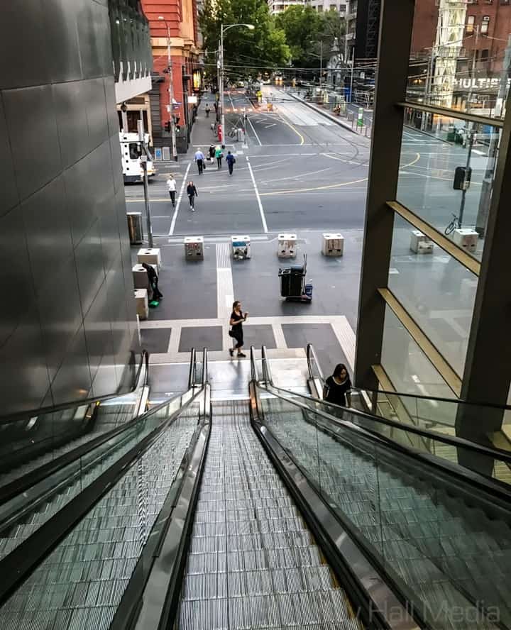 Looking down the escalator at Southern Cross Station