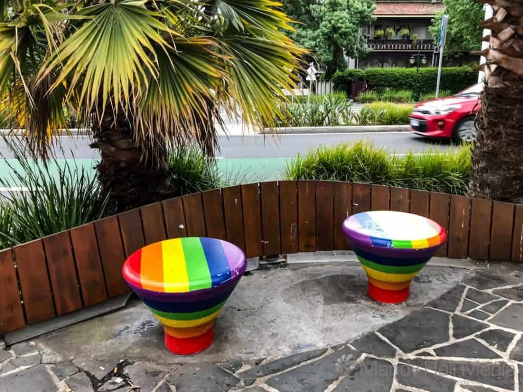 Rainbow seating in Fitzroy St